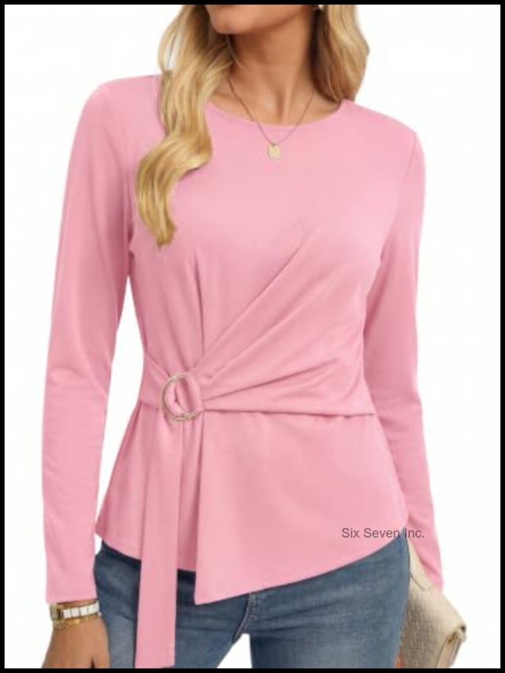 Long Sleeve Peplum Top Front Waist Tie Crew Neck Dressy Casual Office Blouse